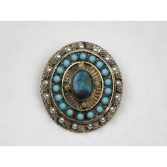 Rachel Gera Israel Sterling Silver Jewish Turquoise Pearl Brooch Pendant 1.75